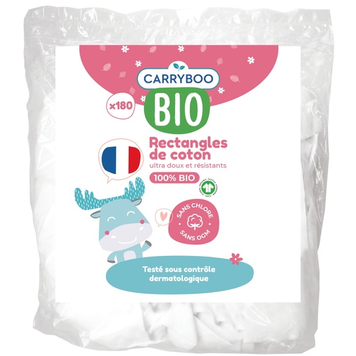 CARRYBOO - Carré Coton Bébé - Fibre 100% Naturelle et Coton Bio - Produit Bébé Ecologique Certifié Gots - Pour l'Hygiène de Bébé - 180 unités